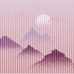 Poster with mountain landscape  and sunset in boho art style  .Minimal design with line elements . Trendy brochure . Mountain peak .Wall art .Vector illustration .