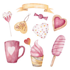 Set of decorative elements. Symbols of Valentine's Day: hearts, valentines, sweets, love. Hand drawn watercolor illustration on a white background