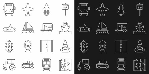 Set line Broken road, Traffic cone, Cargo ship, Rocket with fire, Yacht sailboat, Submarine, Bus and Rv Camping trailer icon. Vector
