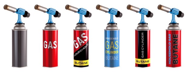 Gas canister with hand burner (blowtorch) isolated on white background. Image set. The text on the cylinders is not a trademark or logo.