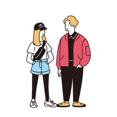 カジュアルファッションの若い男女のシンプルなイラスト