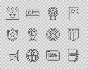 Set line Trumpet, USA on graphic tablet, Medal with star, Calendar date July 4, Independence day, browser and Shield stars icon. Vector