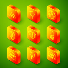 Set line Gold bars, Balloon, Medal with star, American Football ball, USA Independence day, label and Balloons icon. Vector