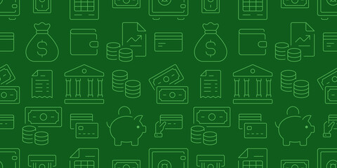Money green seamless pattern. Vector on green background included line icons as piggy bank, wallet, invoice, receipt, credit card, banknote, cash, finance outline pictogram for banking
