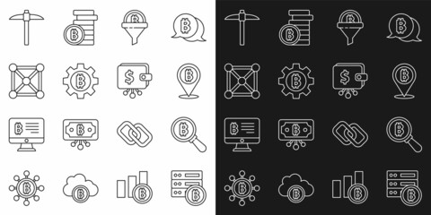 Set line Server bitcoin, Magnifying glass with Bitcoin, Sales funnel, Cryptocurrency, Blockchain technology, Pickaxe and wallet icon. Vector