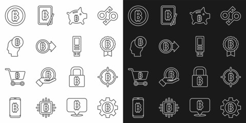 Set line Cryptocurrency coin Bitcoin, the target, Piggy bank bitcoin, think, and USB flash drive icon. Vector