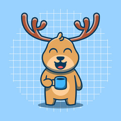 Cute deer character holding a cup vector illustration. Flat cartoon style. Isolated animal concept.