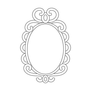 Magic mirror in cartoon style, vector illustration. Oval line frame for print and design. Fairy vintage mirror doddle. Isolated element on white background, graphic template