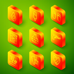 Set line Avocado, Popsicle ice cream, Flip flops, Beans in can, Tequila bottle, Revolver gun, Cactus and Pinata icon. Vector