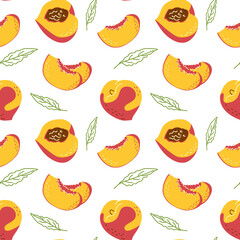 Seamless pattern of a whole peach and slices. Vector illustration on a white background for decor, print, packaging paper