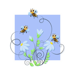 Bees swarm. Cheerful bee and chamomile flower. World Bee Day. Bee swarming, honey bees fly in a flower meadow. Cute cartoon character. Vector illustration.