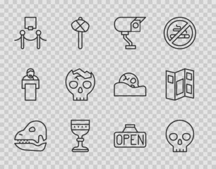 Set line Dinosaur skull, Human, Security camera, Medieval goblet, Picture and rope barrier, Broken human, Hanging sign with Open and Museum guide brochure icon. Vector