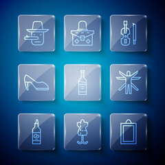 Set line Bottle of olive oil, Mannequin, Picture, Violin, wine, Woman shoe, Pinocchio and Vitruvian icon. Vector