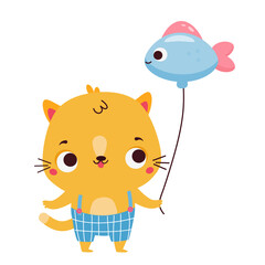 Cute kitten with balloon. Cartoon cat animal character for kids and children. Lovely baby kitty