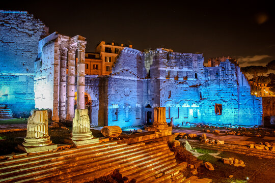 Roman Imperial forums. Ruins. Night shot, selective focus. Rome, Italy