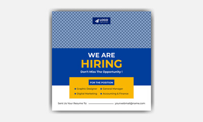 We are hiring job position square banner or social media post. Vacancy banner design finds a job. 