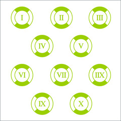 Colorful info-graphic roman numbers can be use to create presentation. Bullet points roman numbers one to ten. Oval shape vector numbers.