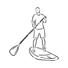 Stand up paddle surfing, boarding. Single female surfer with paddle. Surfrider girl on board. Paddleboarding, SUP fitness. fitness illustration. Abstract isolated contour of surfboarder.