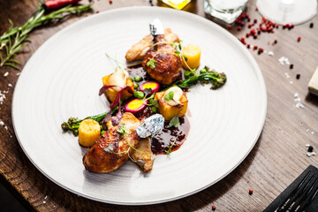 Chicken fillet, Jerusalem artichoke puree, dewberry sauce, potato, quail egg. Delicious healthy traditional food closeup served for lunch in modern gourmet cuisine restaurant - 483053238
