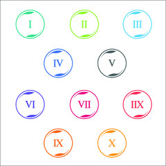Colorful info-graphic roman numbers can be use to create presentation. Bullet points roman numbers one to ten. Oval shape vector numbers.