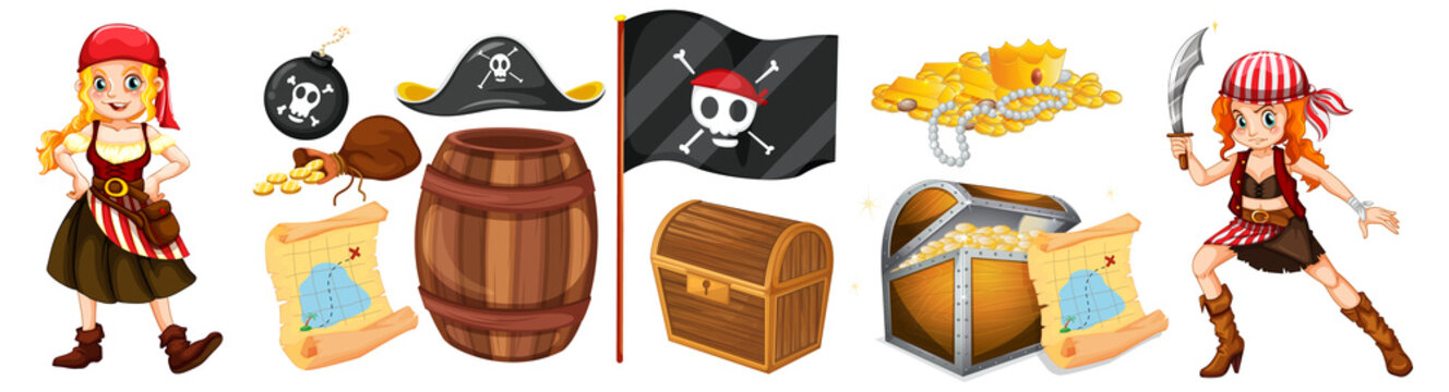 Set of pirate cartoon characters and objects