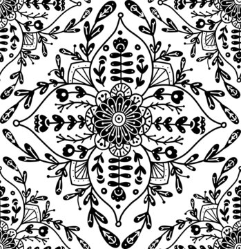 Vector monochrome floral pattern with folk ornament. Seamless texture with black rural contour flower composition on white background. Natural tiled ornament with outline naive petals and stems