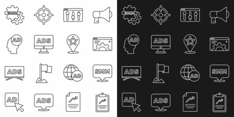 Set line Clipboard with graph chart, Social media marketing, Browser setting, Advertising, and Map pointer star icon. Vector