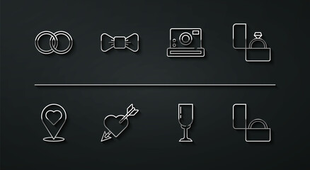 Set line Wedding rings, Location with heart, Diamond engagement, Glass of champagne, Amour and arrow, Bow tie, and Photo camera icon. Vector