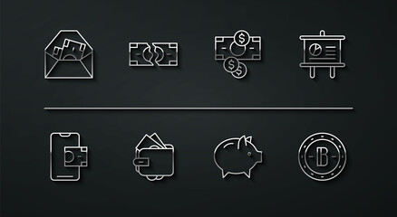 Set line Envelope with dollar symbol, Mobile banking, Chalkboard diagram, Piggy, Wallet money, Tearing banknote, Bitcoin and Stacks paper cash icon. Vector