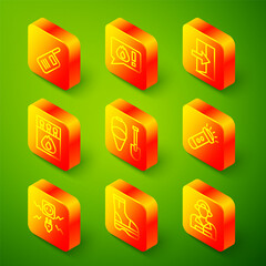 Set line Walkie talkie, Telephone call 911, Fire exit, Matchbox and matches, shovel bucket, Flashlight, Electricity spark and boots icon. Vector