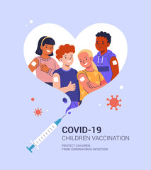 Children's COVID-19 vaccination poster template. Vector cartoon illustration of diverse smiling school children with patches on their shoulders inside a heart made with a syringe. Isolated on back