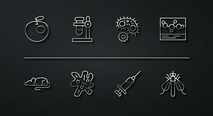 Set line Genetically modified apple, Experimental mouse, Chemical formula, Syringe, Cell, Test tube flask on stand, insect and Virus icon. Vector