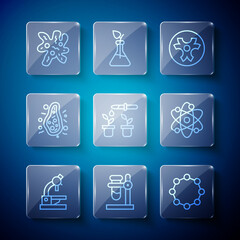 Set line Microscope, Test tube flask on stand, Chemical formula, Biohazard symbol, Pipette plant, Bacteria, Cell and Atom icon. Vector