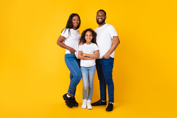 Smiling black guy, lady and girl posing at studio