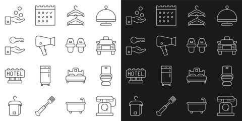 Set line Telephone handset, Toilet bowl, Taxi car, Hanger wardrobe, Hair dryer, Hotel door lock key, Paying tips and slippers icon. Vector