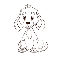 Coloring book little funny puppy with drooping ears sits on its hind legs. Vector illustration in cartoon style, black and white line art
