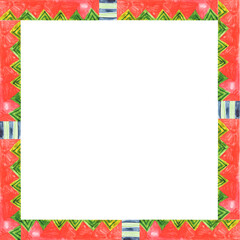 Watercolor square frame on isolated white background. Decorative ethnic motives. Illustration of variegated stripes in boho style.