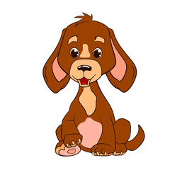 A small funny brown puppy with floppy ears sits on its hind legs. Vector illustration in cartoon style, black and white line