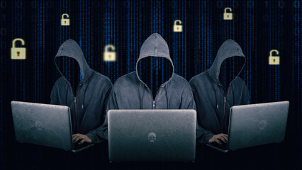 Dangerous hooded group of hackers. Internet, cyber crime, cyber attack, system breaking and malware...