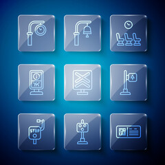 Set line Emergency brake, Train traffic light, QR code ticket train, Waiting room, Railroad crossing, Information stand, station clock and Road signpost icon. Vector
