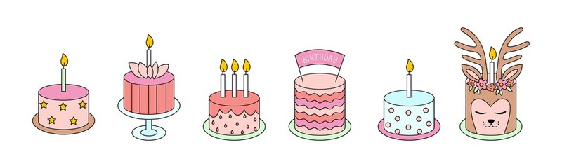 Cakes. Birthday. Line art icon set. Cakes with candles. Vector illustration