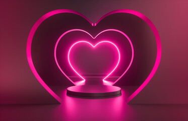 Beauty fashion podium backdrop with heart shape neon frame. 3d rendering. © mim.girl