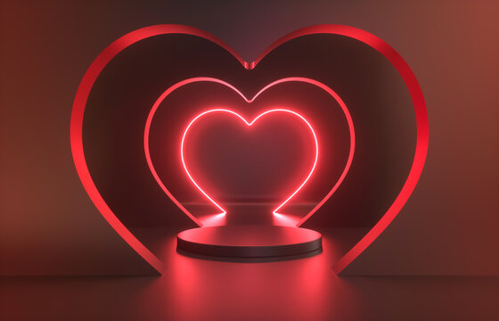 Beauty fashion podium backdrop with heart shape neon frame. 3d rendering.