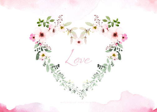 Watercolor of love with pink flowers and leaves decorated heart shape