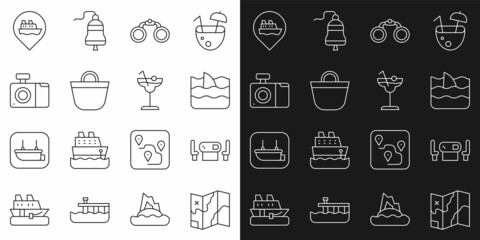 Set line Folded map, Poker table, Shark fin in ocean wave, Binoculars, Beach bag, Photo camera, Location with cruise ship and Cocktail icon. Vector