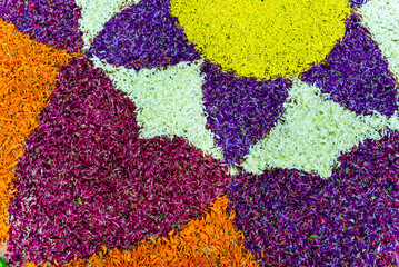 Fototapeta na wymiar close up of colorful rangoli pattern made wiith flower petals