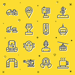 Set line Hot chocolate cup, Cable car, Ski lift, Action camera, Award, Snowmobile, Ice resurfacer and Meteorology thermometer icon. Vector