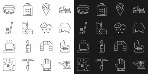 Set line Rescue helicopter, Skates, Hockey helmet, Location with mountain, Waterproof rubber boot, Ice hockey stick and puck, Ski goggles and Cloud snow icon. Vector