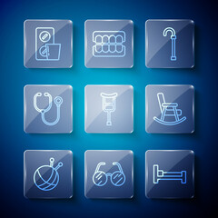 Set line Yarn ball with knitting needles, Eyeglasses, Bed, Walking stick cane, Crutch or crutches, Stethoscope, Pills blister pack and Rocking chair icon. Vector