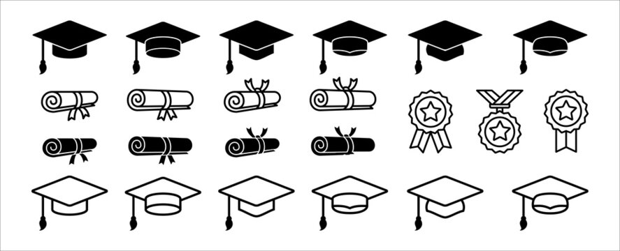 Graduation cap icon set. Diploma, bachelor or master achievement symbol. Mortarboard hat sign. Scroll and medal award vector set.
